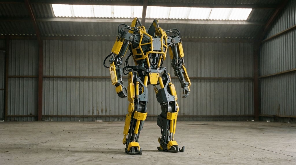 A construction exoskeleton in safety yellow and dark grey stands empty in a warehouse