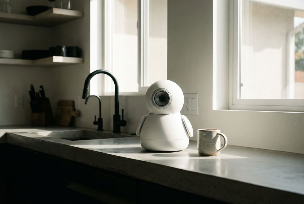 A small AI companion robot with a rounded white body and a single large eye-lens sits on a kitchen c