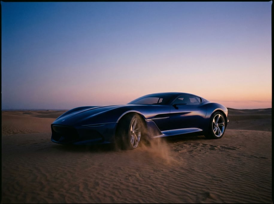 A concept car with a long hood and short cabin in deep midnight blue, parked in a desert at twilight