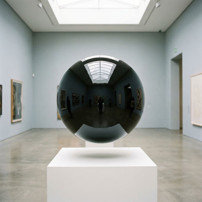 A glossy black sphere the size of a basketball hovers above a white pedestal in a gallery