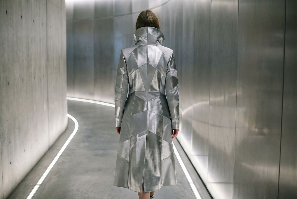 A model photographed from behind walks down a long corridor in a structured silver-grey coat that re