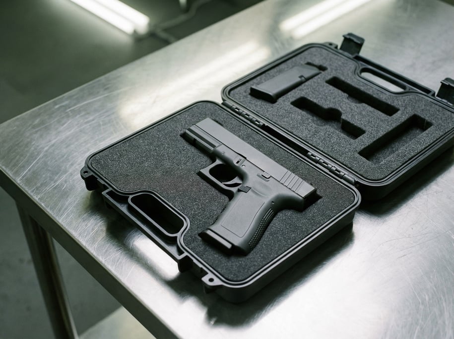 A tactical sidearm in matte dark grey polymer displayed in a foam-lined case, the lid open