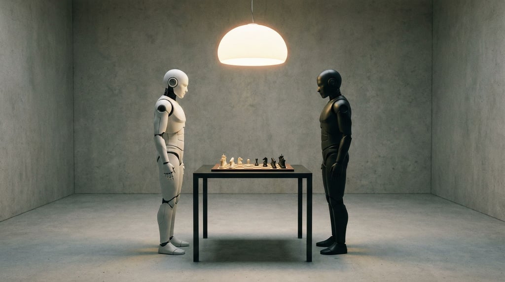 Two humanoid robots face each other across a chess table in an empty room, one white and one black