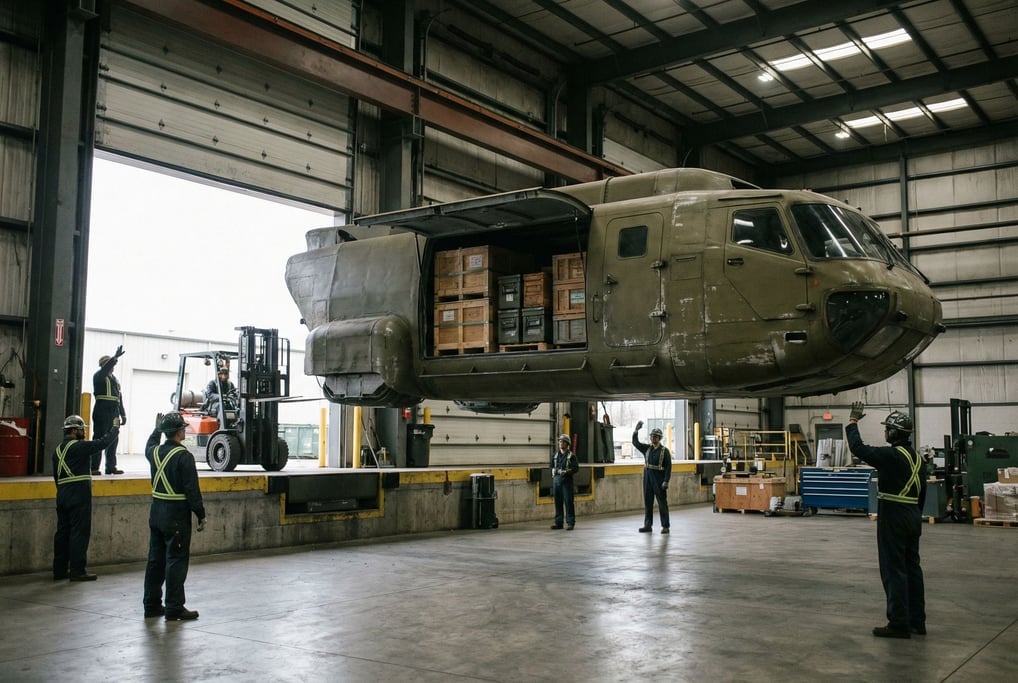 A hover cargo transport in utilitarian olive drab floats at loading-dock height in a warehouse