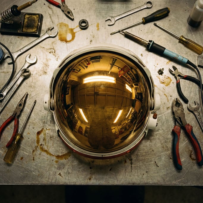 Top-down view of a circular spacesuit helmet visor lying on a workbench, tools scattered around it