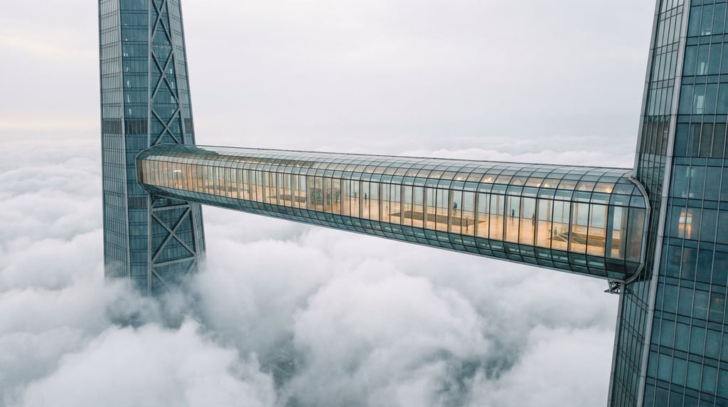 A glass mega-structure bridge connects two towers high above a cloud layer