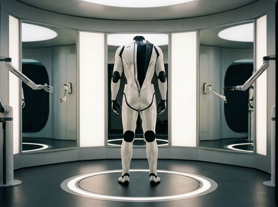A full-body exoskeleton suit in pearl white with matte black joints stands on a fitting platform