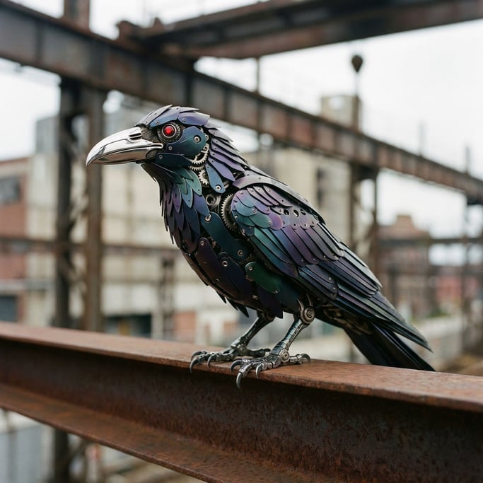 A close-up of a robot bird perched on a steel beam