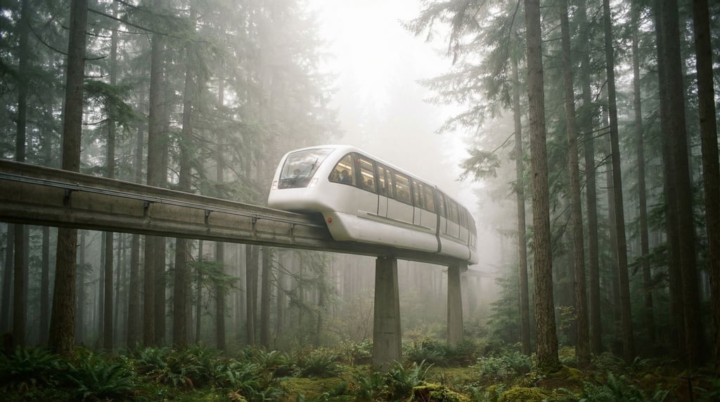 A monorail train in glossy white glides silently through a foggy forest