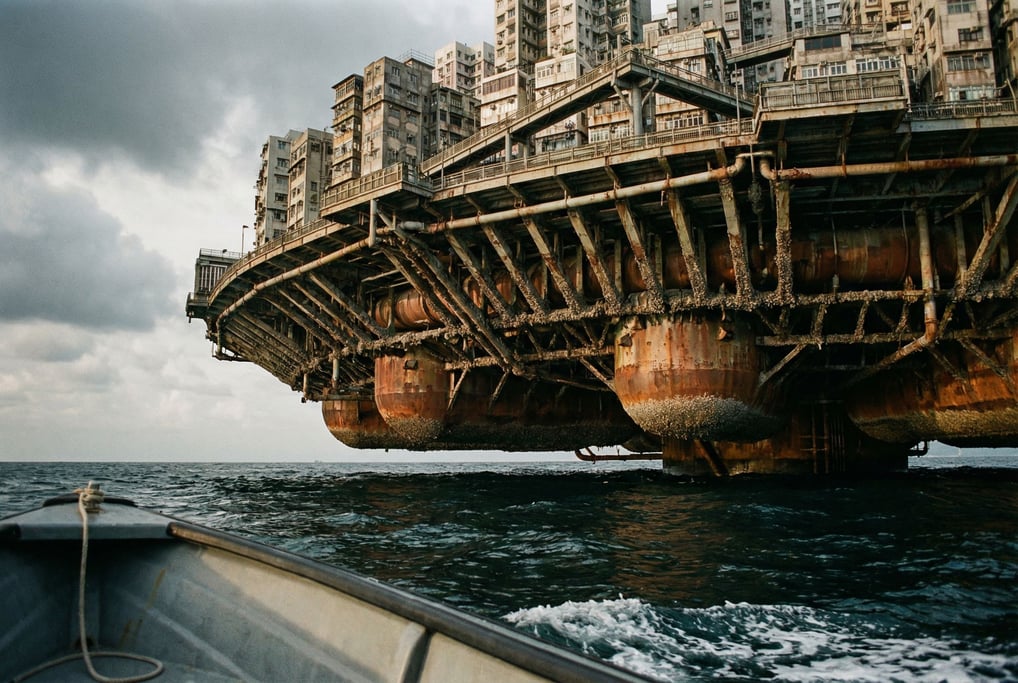 A floating platform city segment seen from a low boat on dark water — the underside of the platform