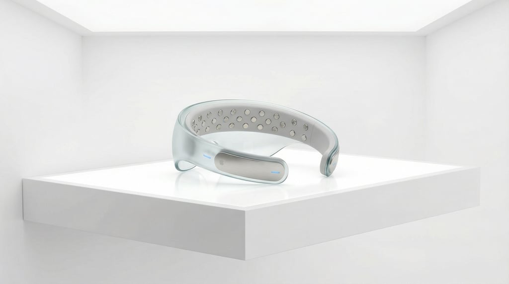 A neural interface headband in frosted glass and titanium displayed in an Apple-store-style floating