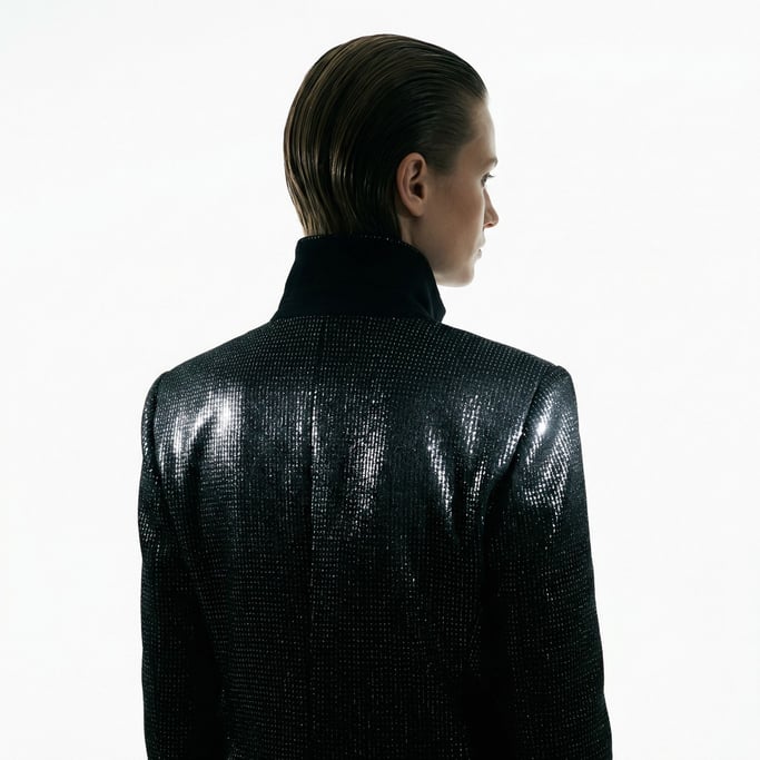 A model in a high-collared chrome-threaded black jacket faces away from camera