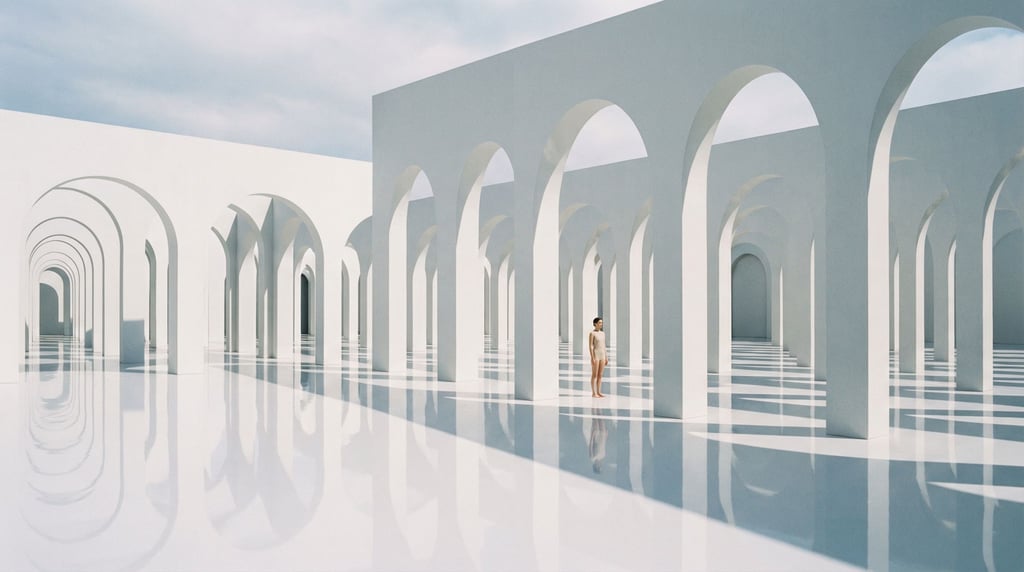 An abstract architectural space — a vast white hall with rows of identical arched portals receding i