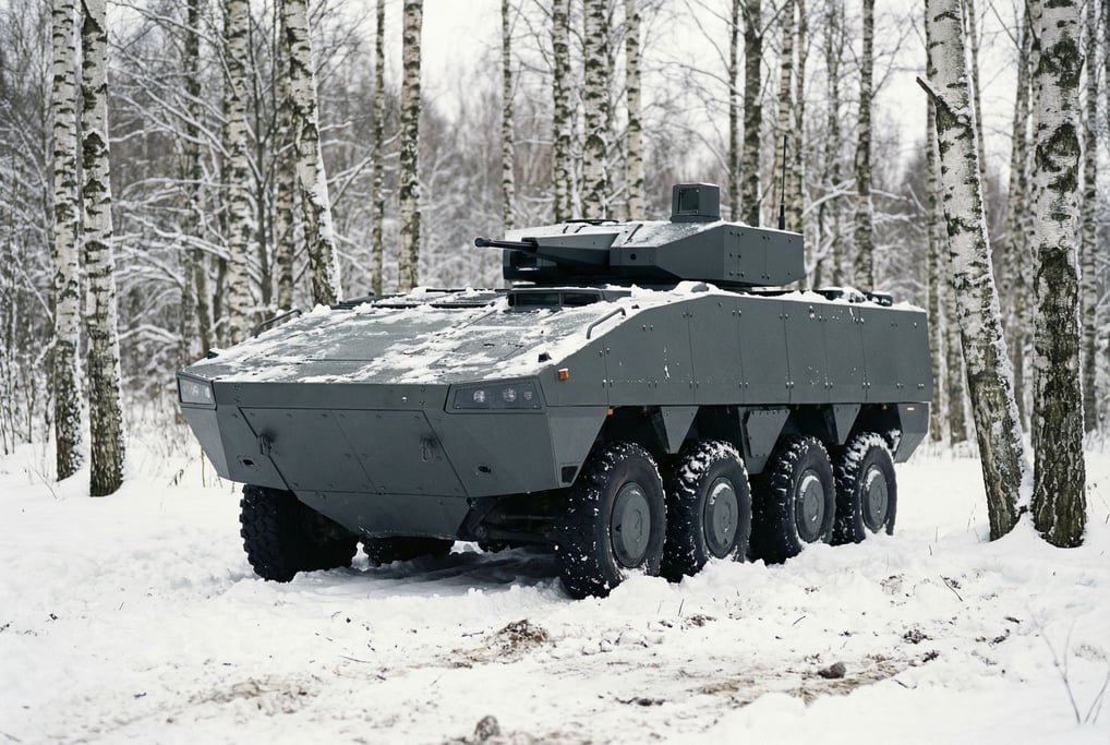 An armored personnel carrier in angular matte dark grey