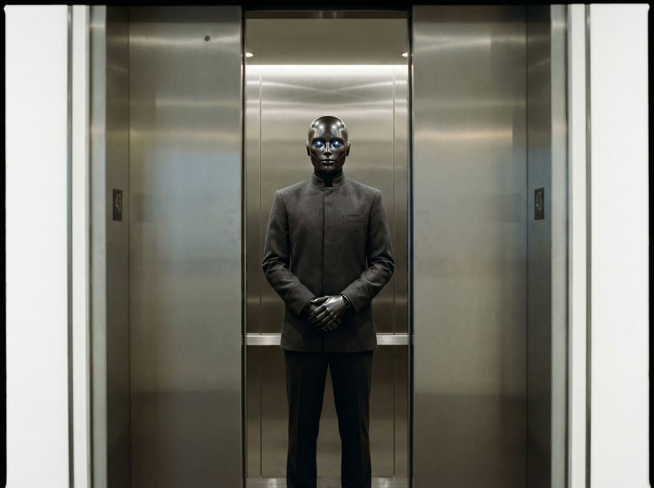 A tall android in a charcoal service uniform stands in an elevator, viewed through the closing doors