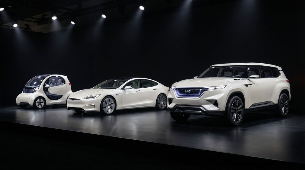 Three concept vehicles of different sizes displayed in a line at an auto show — a compact city pod
