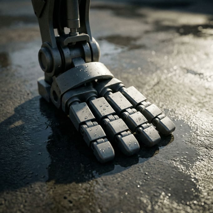 A square format study of a robot's foot and ankle joint, standing on wet concrete