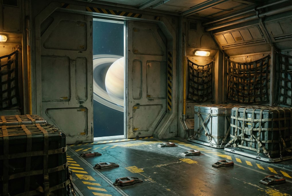 A spacecraft cargo bay with the main door partially open