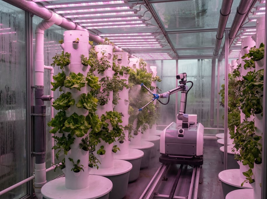 A futuristic greenhouse interior — hydroponic towers in white plastic with green plants growing in n