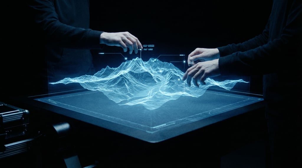 A holographic display table in a dark room projects a ghostly blue topographic map that hovers above