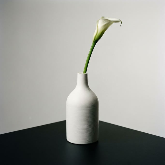 An elegant white ceramic vase with an impossible geometry — a Klein bottle shape — sits on a matte b