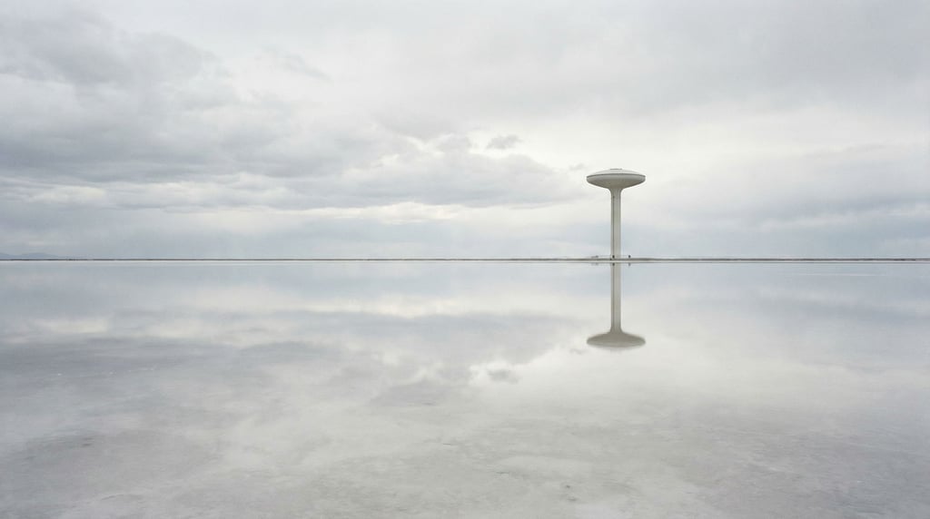 A wide shot of a reflective salt flat under overcast skies