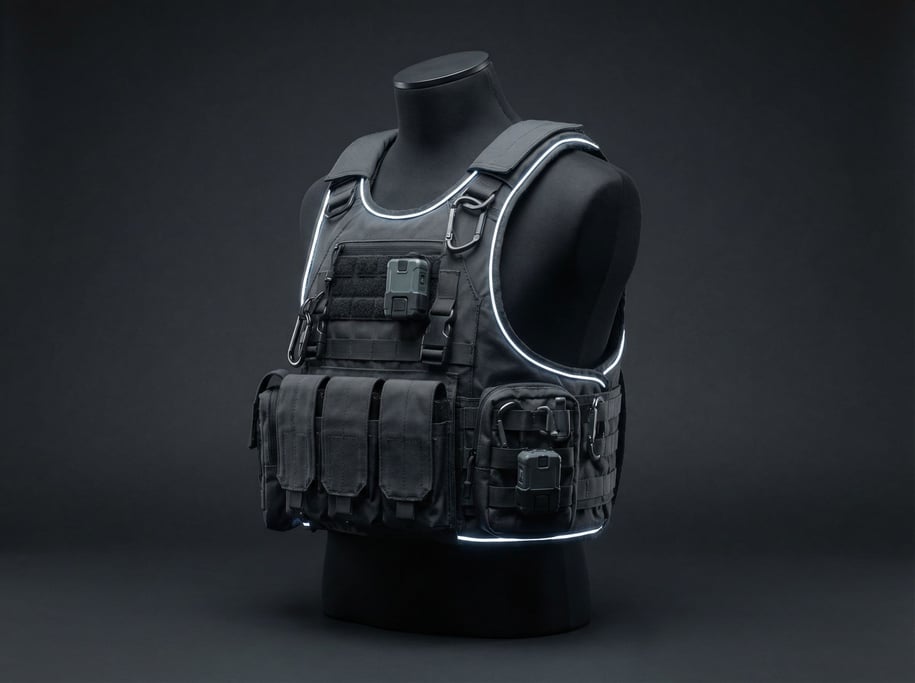 A tactical vest displayed on a matte black mannequin torso — the vest is dark grey with modular atta
