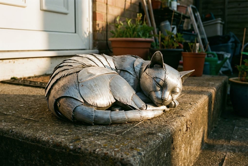 A robot cat with brushed aluminum fur plates curls up on a concrete step in afternoon light
