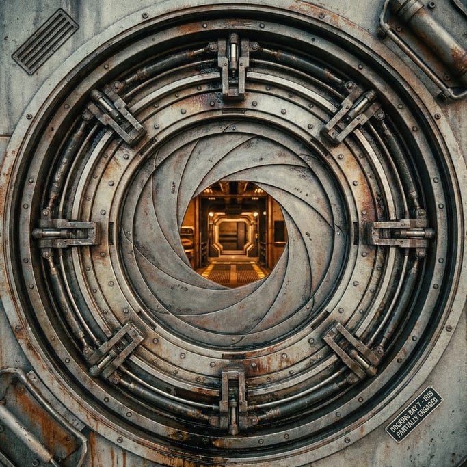 Overhead shot looking straight down at a circular spacecraft docking port