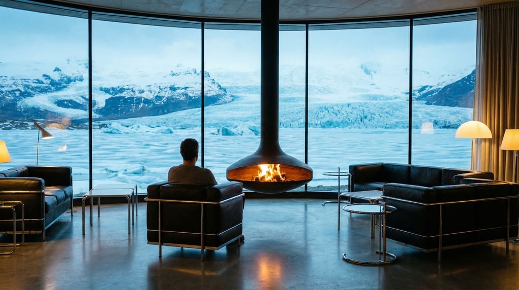 An interior with a massive curved window showing an ice field outside — the room has a suspended fir