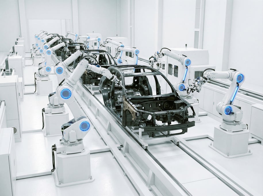A manufacturing assembly line where robotic arms in white install components into a vehicle chassis