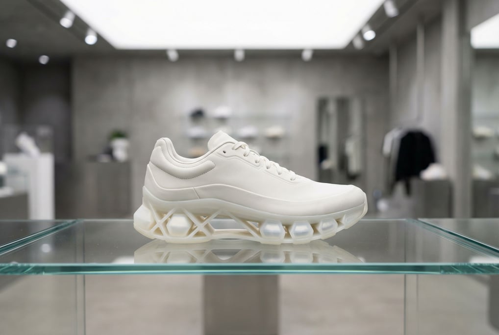 A pair of running shoes in pearl white with an exaggerated sole structure that appears to hover — ge