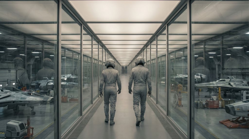 Two figures in matching pale grey flight suits walk side by side down a long elevated walkway with g