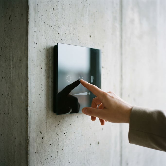A minimalist wall-mounted control panel with a smooth dark glass face showing faint touch-sensitive