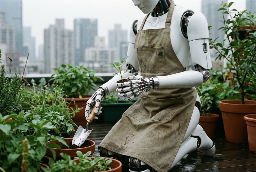 An android gardener kneels in a rooftop garden, carefully transplanting a seedling