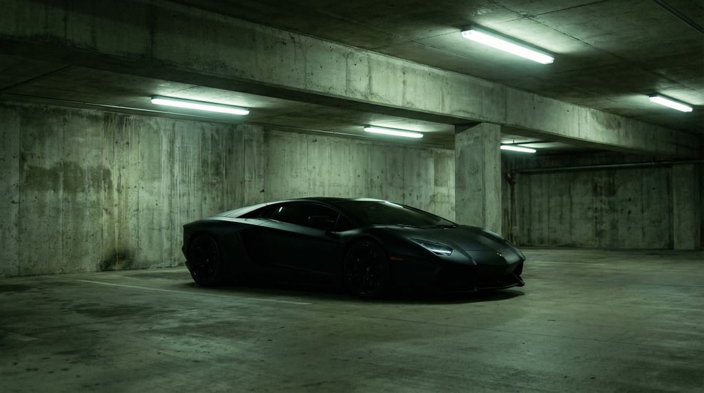 A concept car in matte black sits in a brutalist concrete parking structure