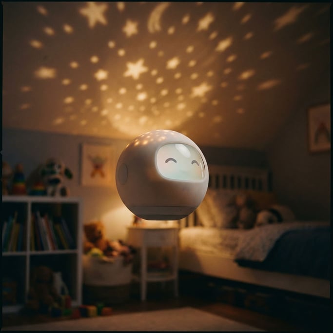 A spherical companion robot hovers at eye level in a child's bedroom