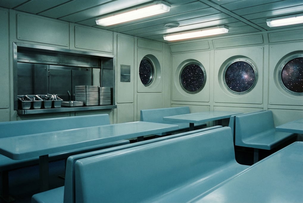 An empty spacecraft mess hall with long tables and integrated bench seating in pale blue