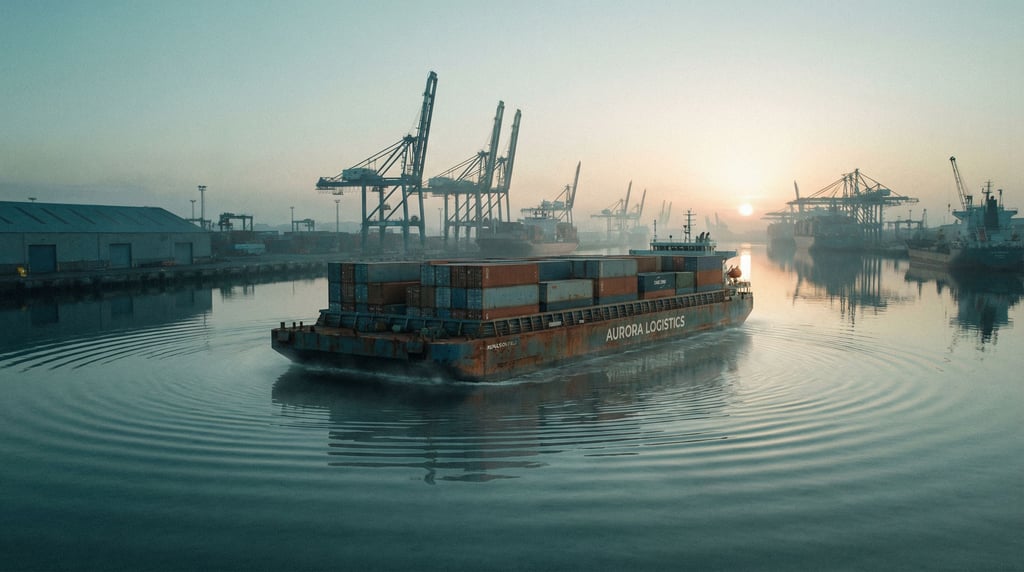 A hover transport barge loaded with shipping containers moves slowly across a still harbor at dawn