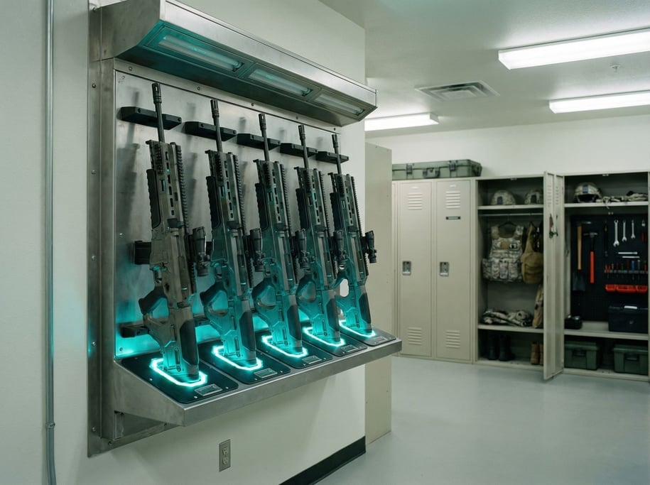 An energy weapon charging station with five weapons racked vertically