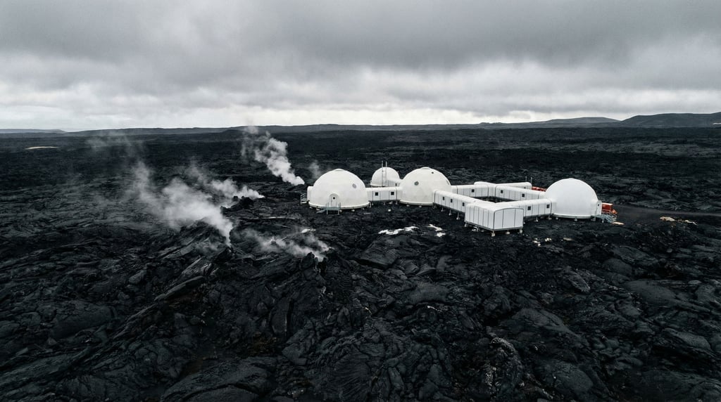 A wide landscape of black volcanic rock with a single futuristic research outpost — a cluster of whi