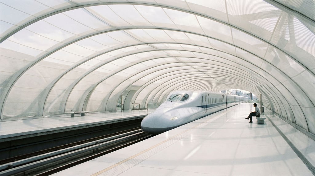 A futuristic train station platform — clean, white, curved canopy overhead