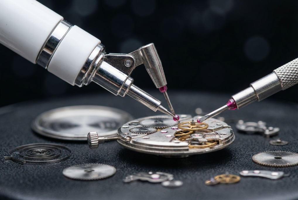 A robotic arm in white and chrome delicately assembles a tiny mechanical watch