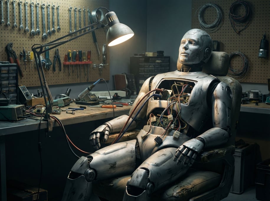 A deactivated android slumps in a repair chair, chest cavity open