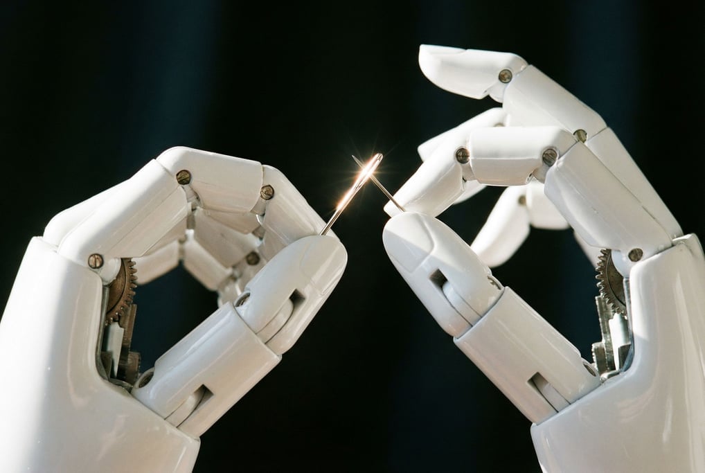Two android hands performing a delicate operation — threading a needle — viewed in close-up against