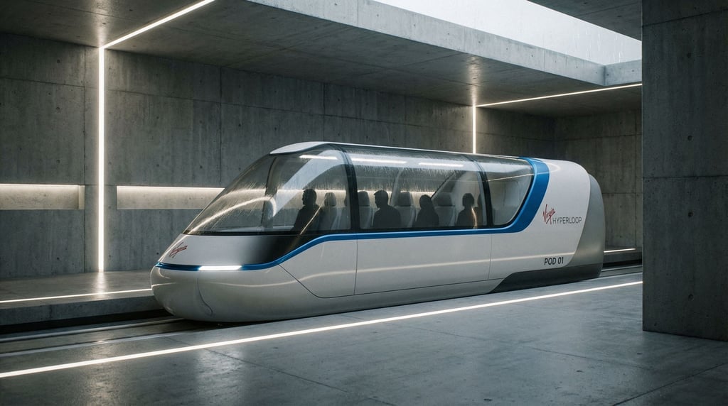 A hyperloop capsule with a transparent upper section sits in a loading station