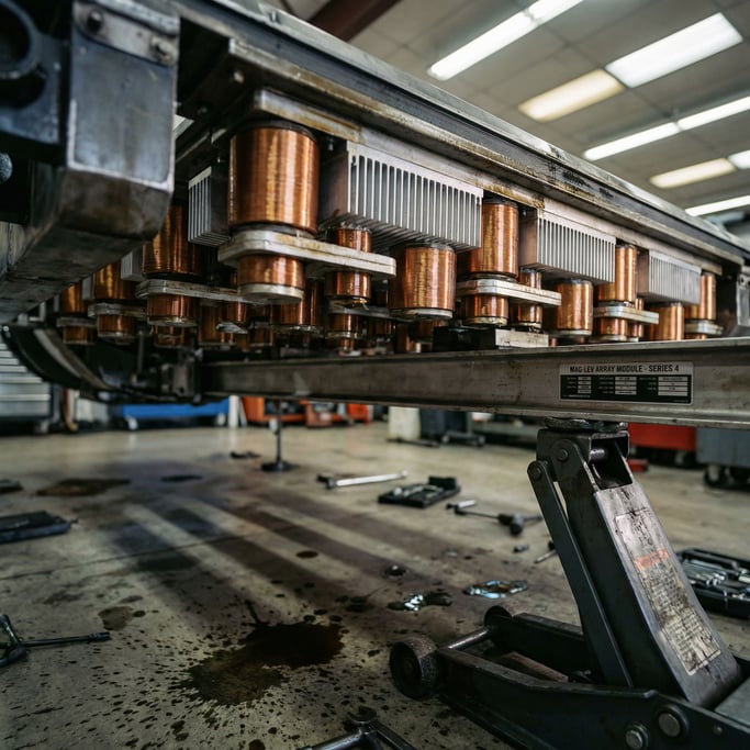 Detail shot of a hover vehicle's underside showing the magnetic levitation array — a grid of polishe