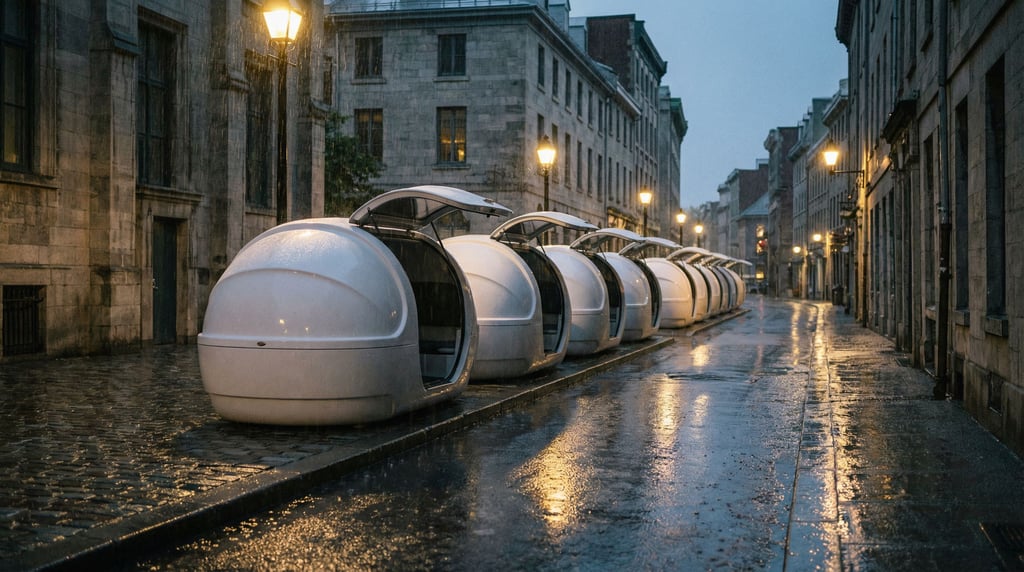 A row of identical white autonomous pods lines a curb on a deserted city street