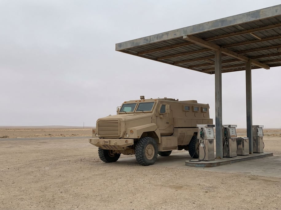 An armored transport truck in matte desert tan is parked at a fuel station in a barren landscape