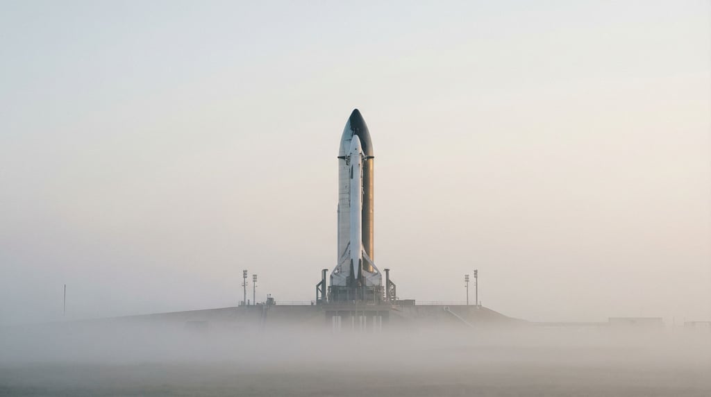 A spacecraft on a launch pad seen from a distance of half a mile